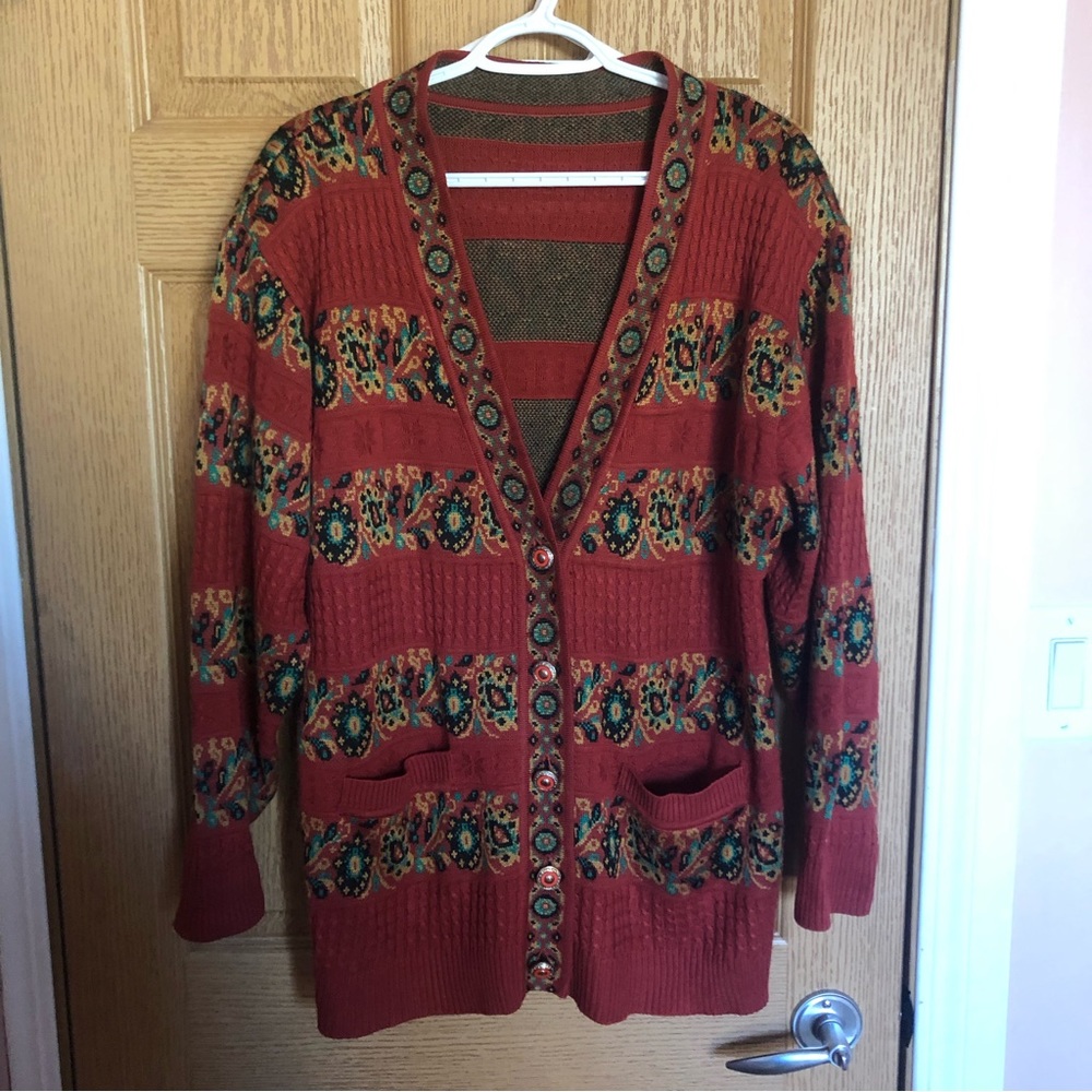 Women's Red Patterned Cardigan Sweater #100